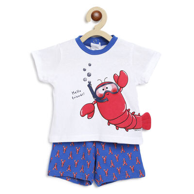 Boys White & Blue Printed 2 Pc Set T-shirt with Short Trousers